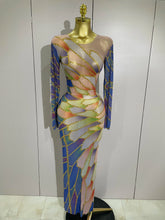 2025 New Luxury Sparkly Rhinestone Stretchy Mesh See Through Long Dress Women Birthday Party Performance Nightclub Stage Costume